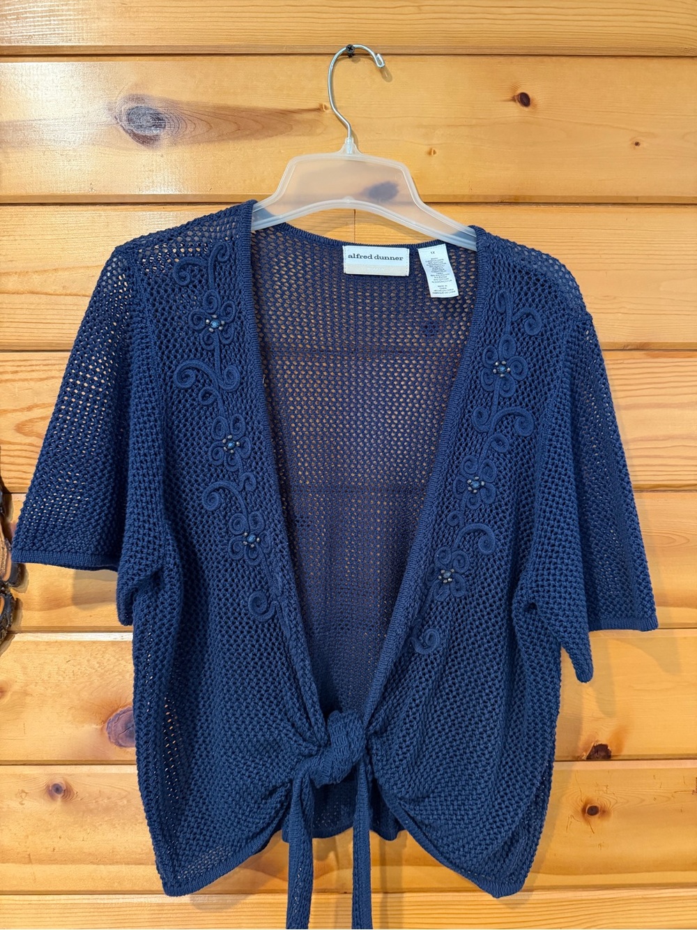 Alfred Dunner Navy Open-Knit Tie-Front Shrug with Embroidered Trim